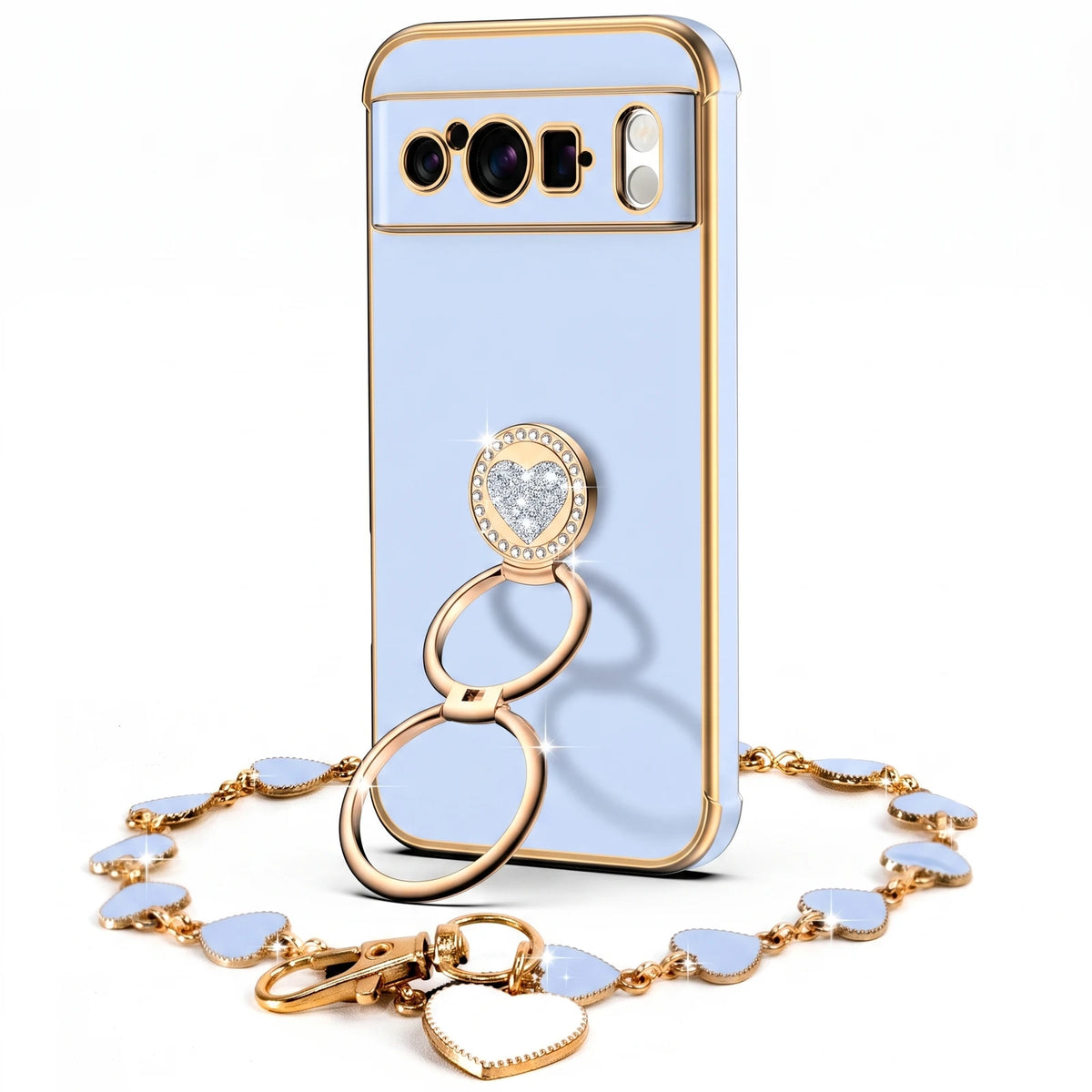 XYZ Classic Chrome Phone Case for Pixel 8 Pro in Blue — glossy chrome finish with heart-shaped double ring stand