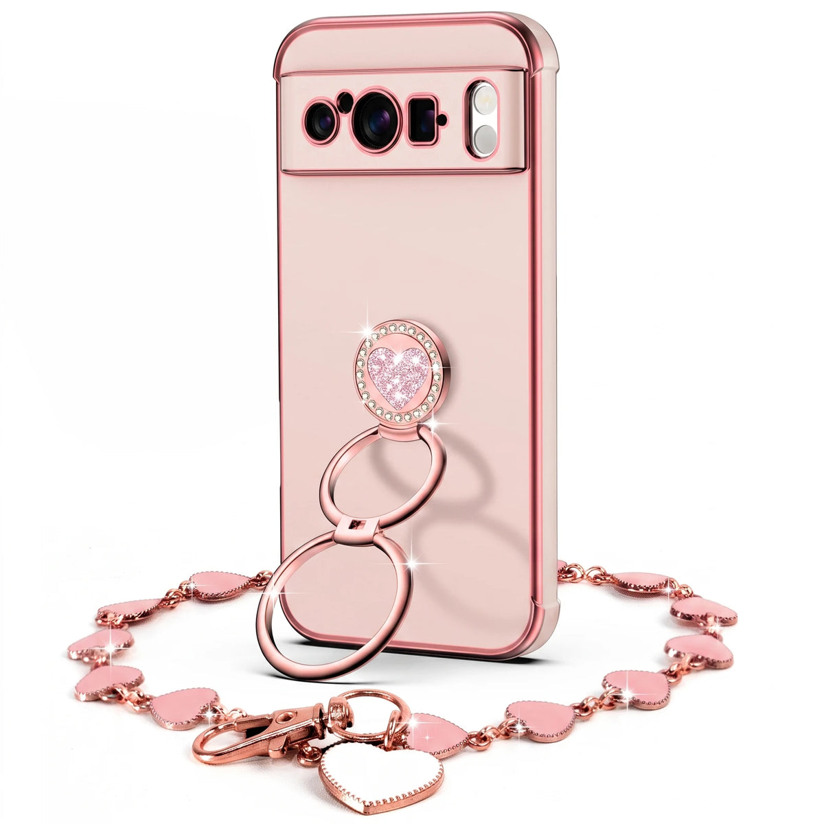 XYZ Classic Chrome Phone Case for Pixel 8 Pro in Pink — glossy chrome finish with heart-shaped double ring stand