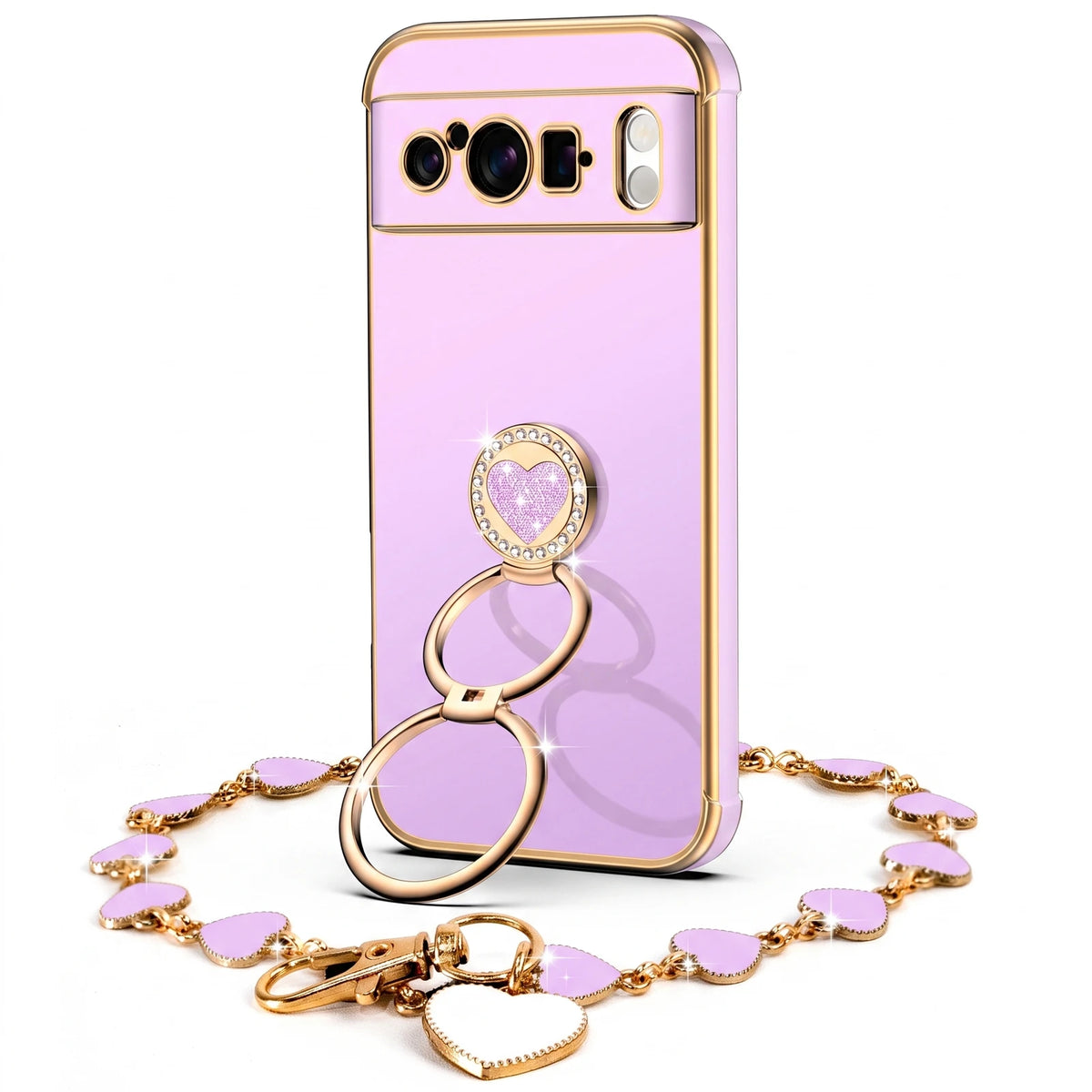 XYZ Classic Chrome Phone Case for Pixel 8 Pro in Purple — glossy chrome finish with heart-shaped double ring stand