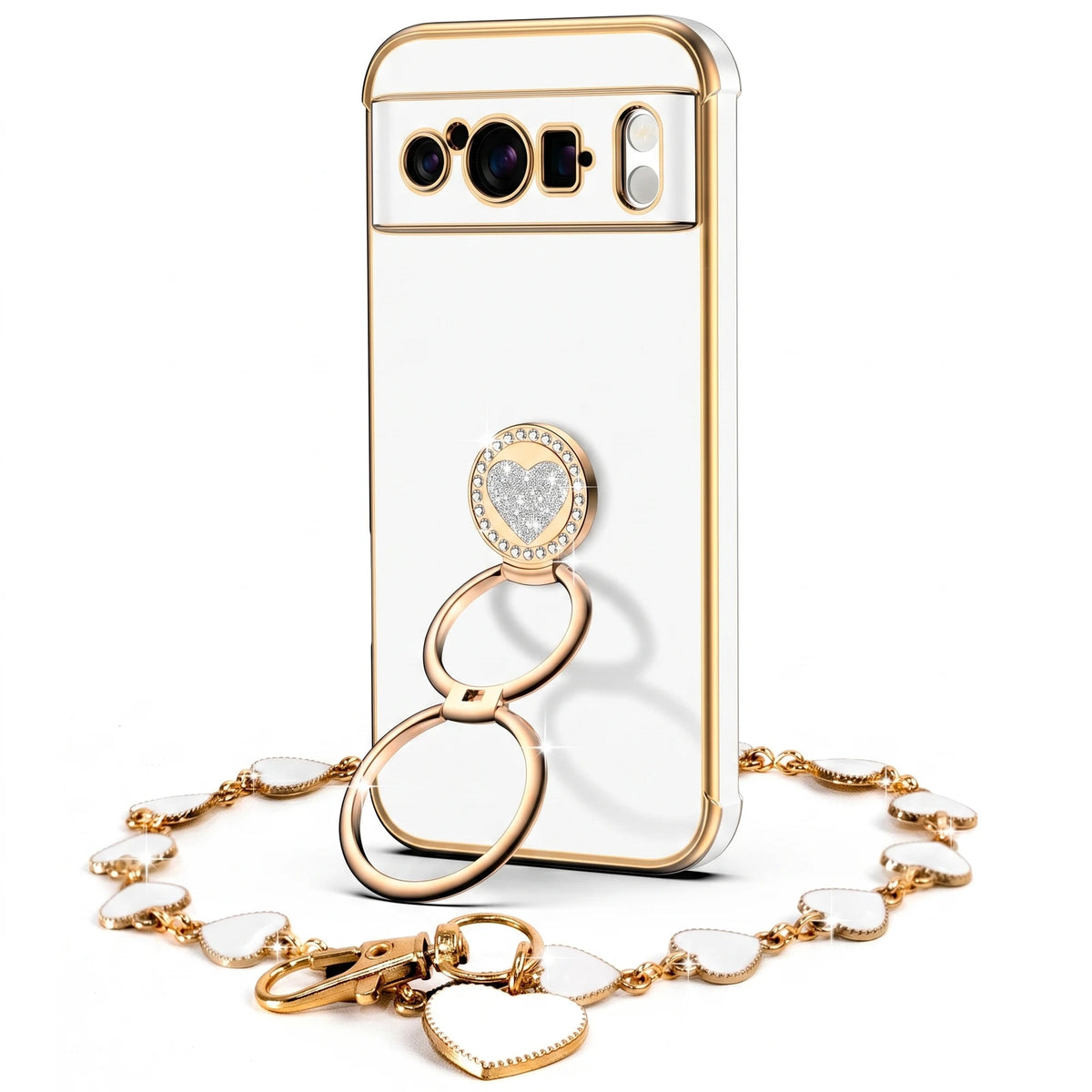 XYZ Classic Chrome Phone Case for Pixel 8 Pro in White — glossy chrome finish with heart-shaped double ring stand