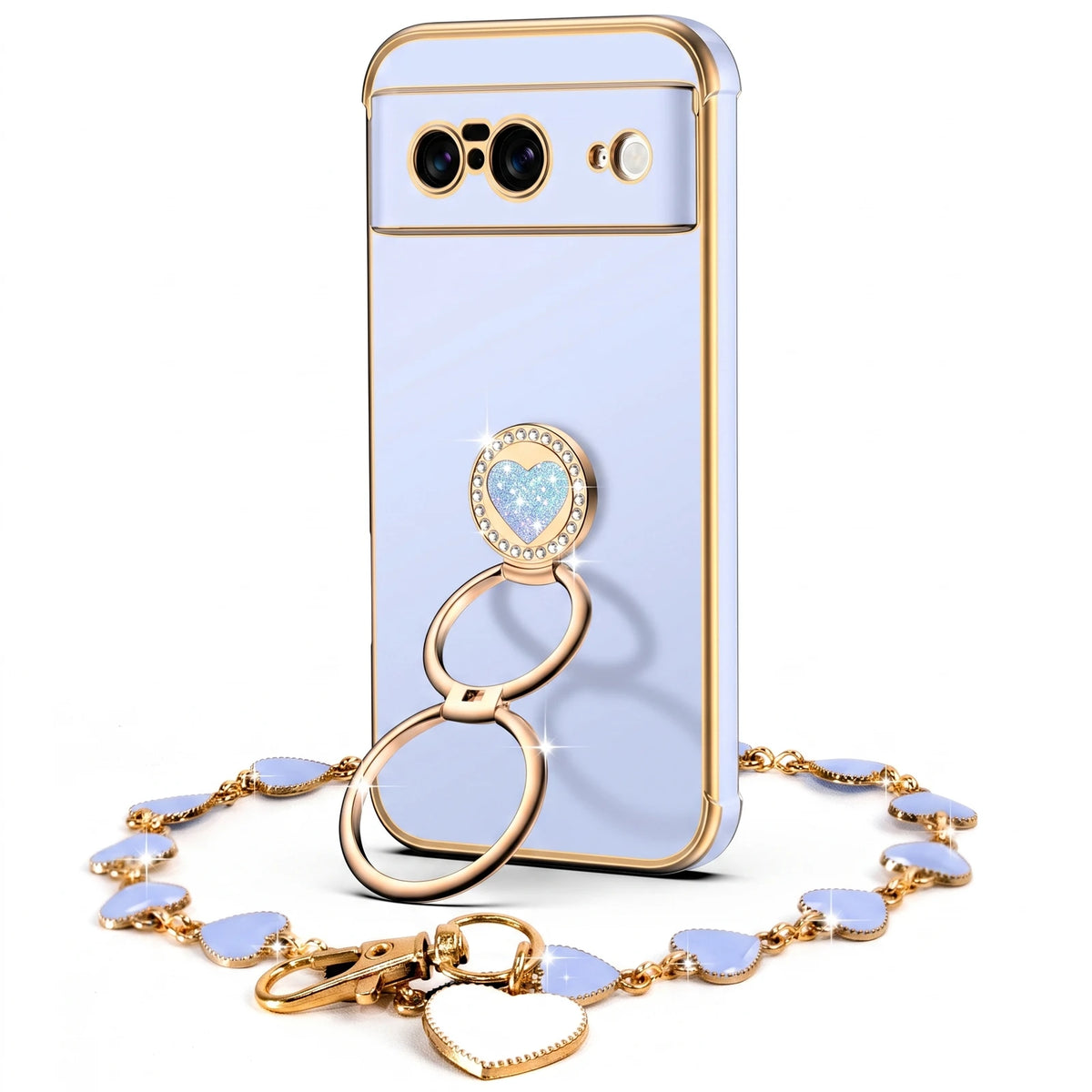 XYZ Classic Chrome Phone Case for Pixel 8 in Blue — glossy chrome finish with heart-shaped double ring stand