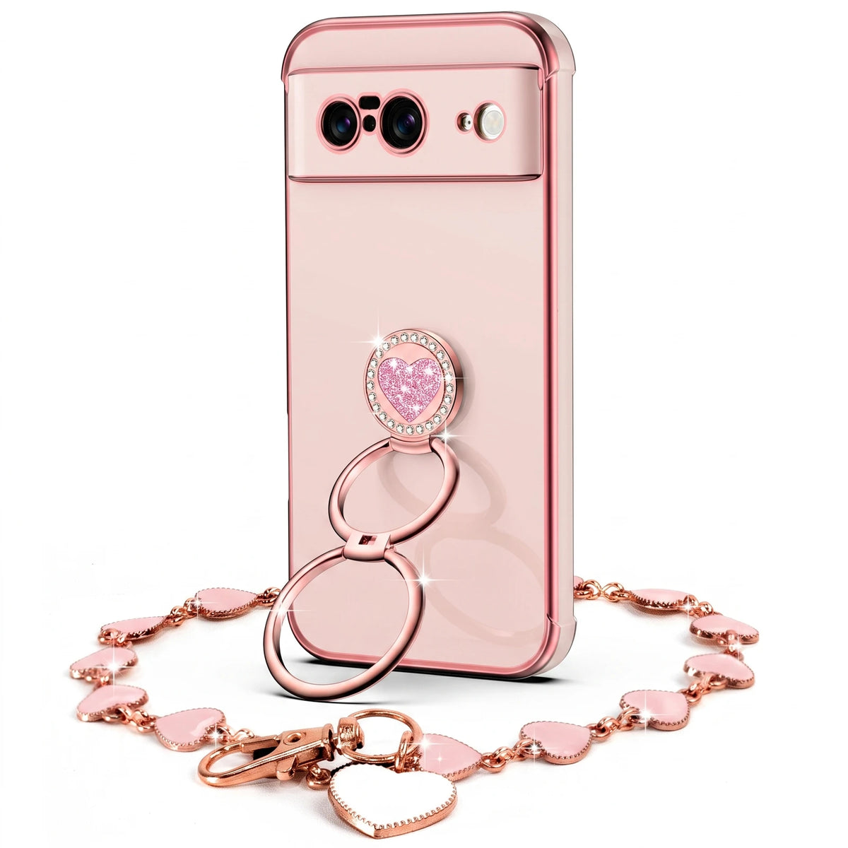 XYZ Classic Chrome Phone Case for Pixel 8 in Pink — glossy chrome finish with heart-shaped double ring stand