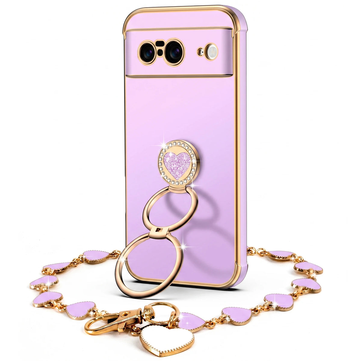 XYZ Classic Chrome Phone Case for Pixel 8 in Purple — glossy chrome finish with heart-shaped double ring stand