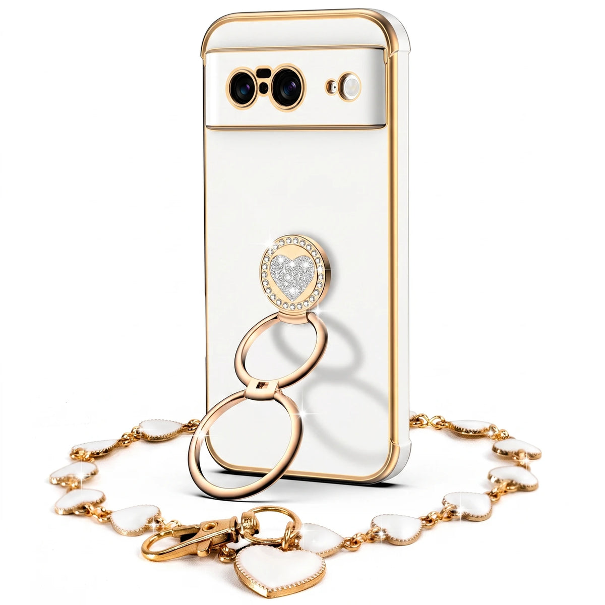 XYZ Classic Chrome Phone Case for Pixel 8 in White — glossy chrome finish with heart-shaped double ring stand