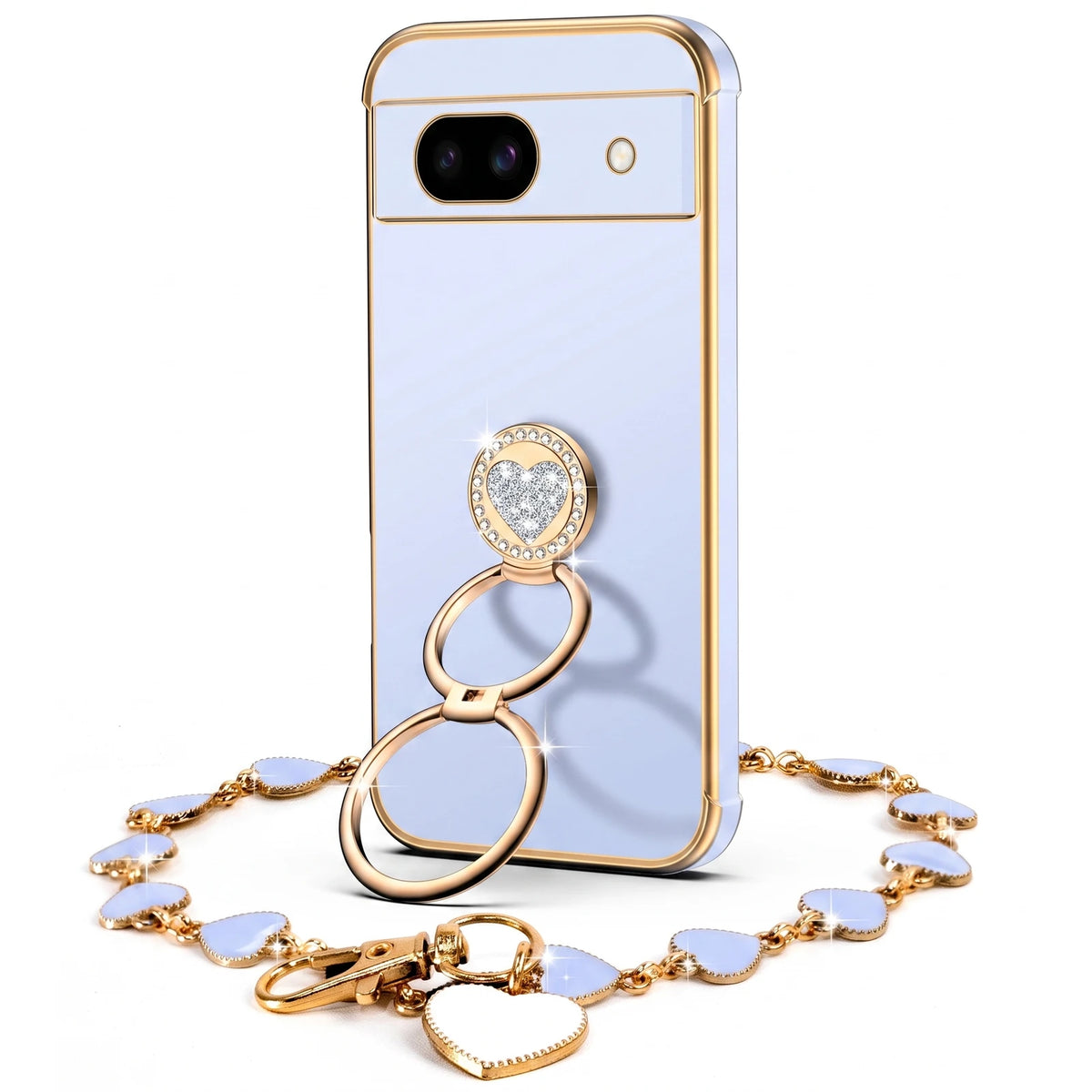 XYZ Classic Chrome Phone Case for Pixel 8a in Blue — glossy chrome finish with heart-shaped double ring stand