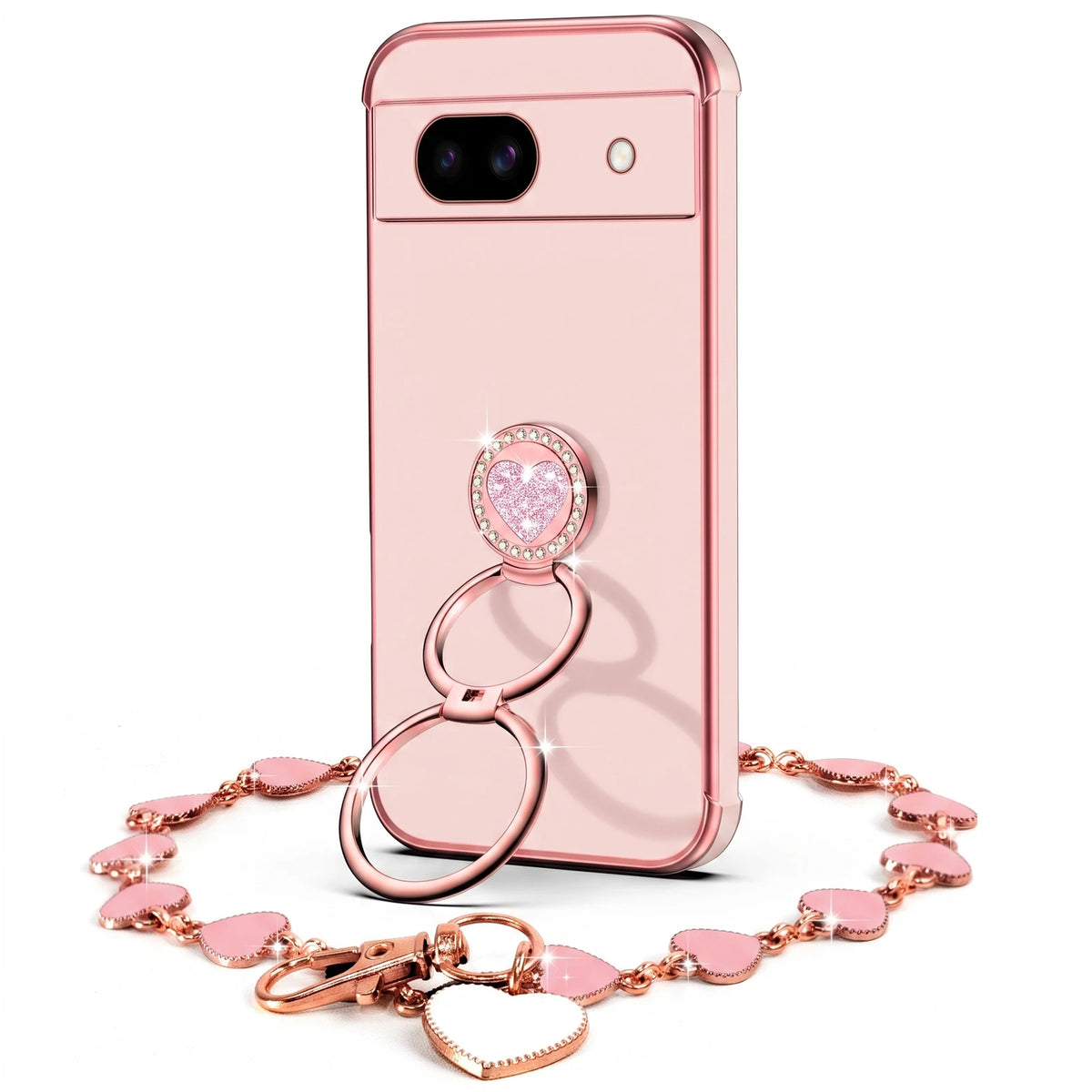 XYZ Classic Chrome Phone Case for Pixel 8a in Pink — glossy chrome finish with heart-shaped double ring stand
