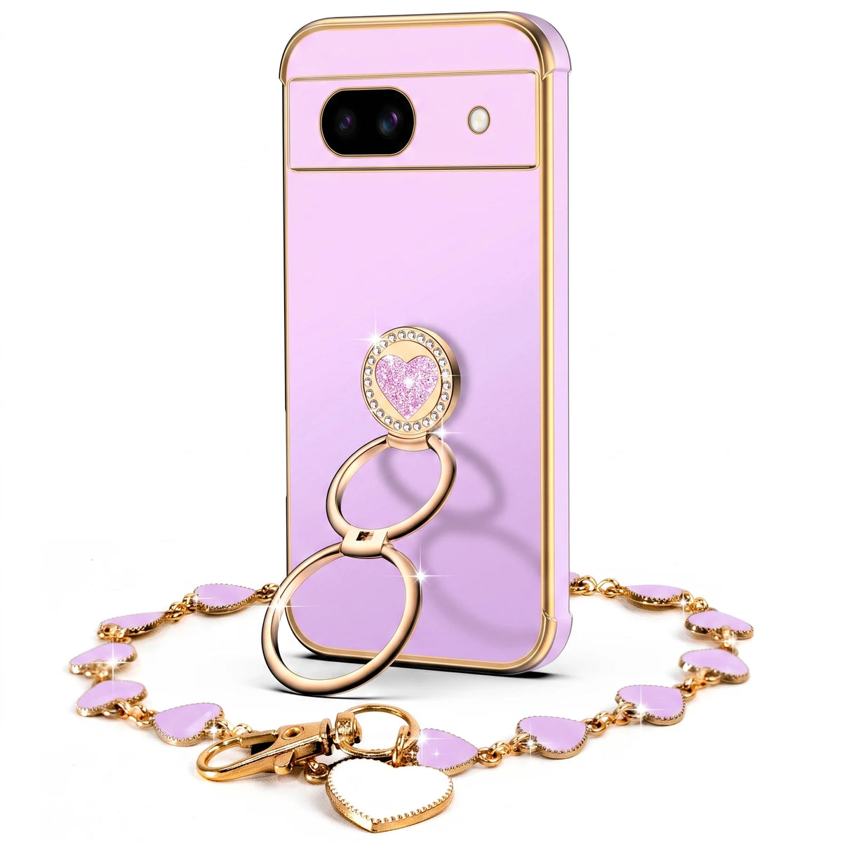 XYZ Classic Chrome Phone Case for Pixel 8a in Purple — glossy chrome finish with heart-shaped double ring stand