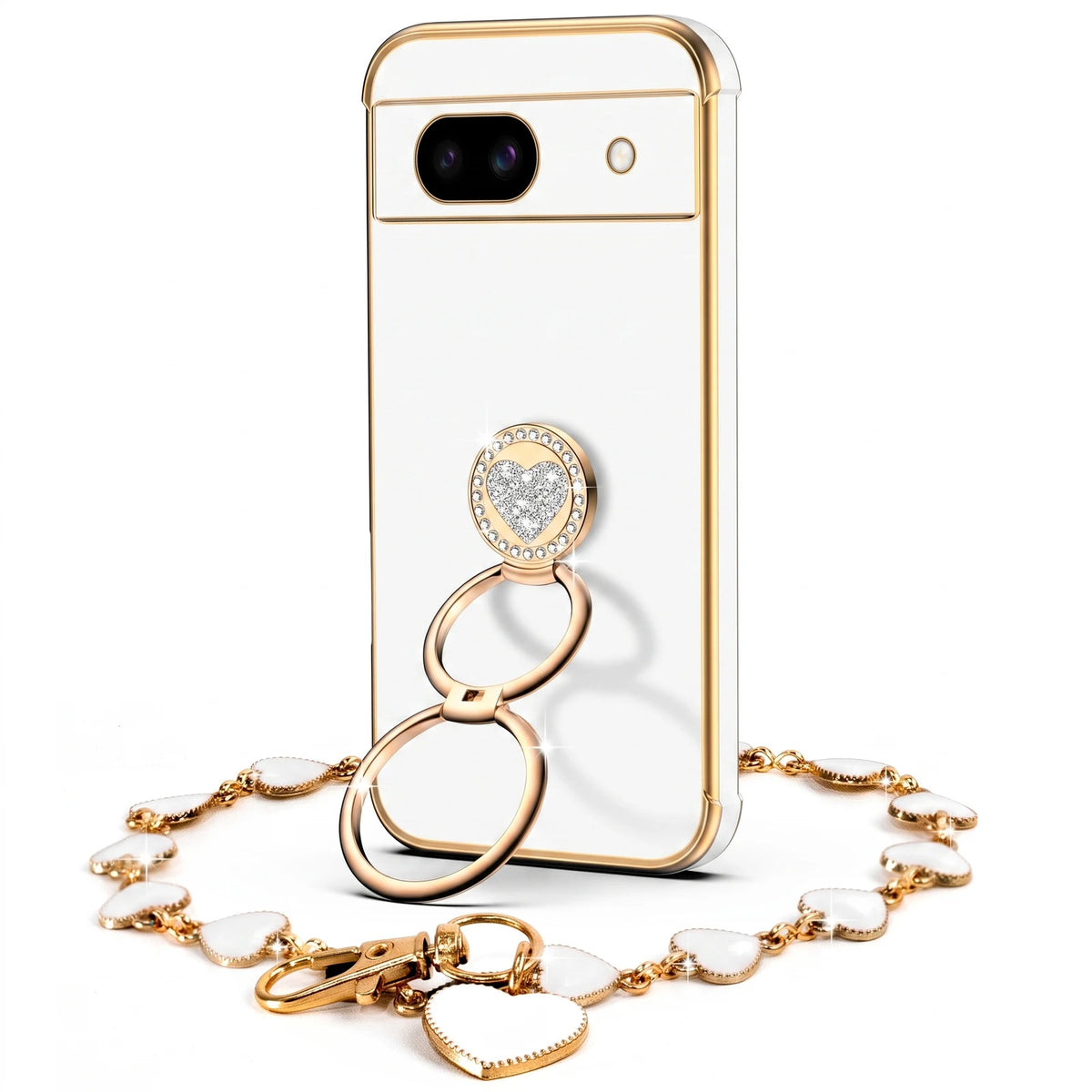 XYZ Classic Chrome Phone Case for Pixel 8a in White — glossy chrome finish with heart-shaped double ring stand