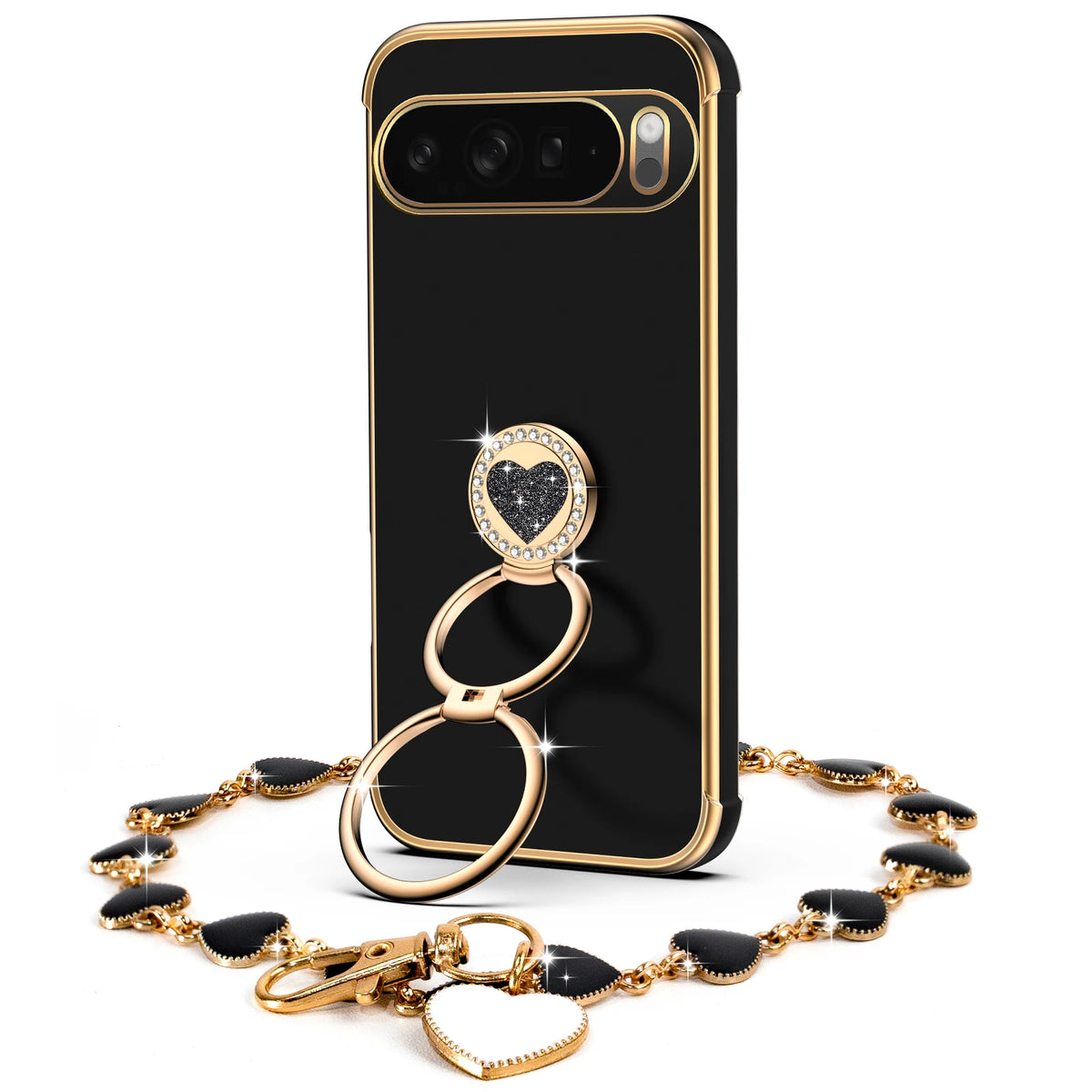Classic Chrome coquette bling phone case for Pixel 9 Pro XL with heart ring stand and wrist strap
