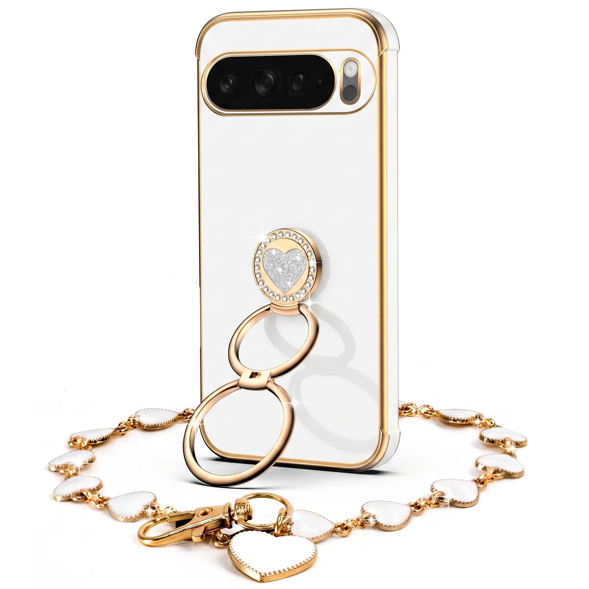 XYZ Classic Chrome Phone Case for Pixel 9 Pro XL in White — glossy chrome finish with heart-shaped double ring stand