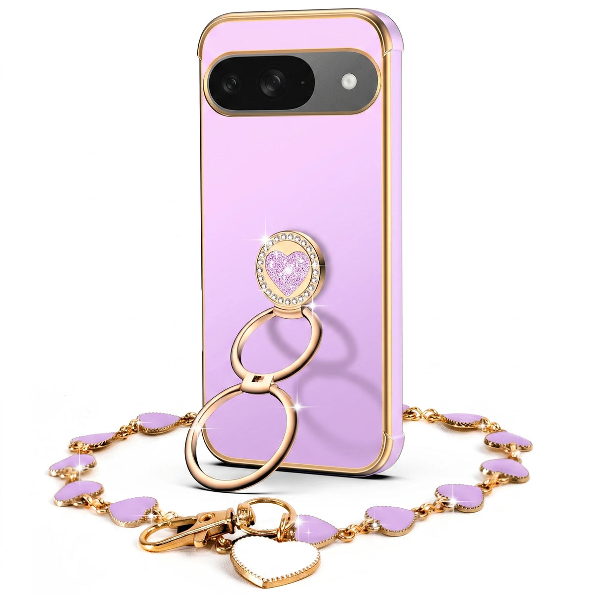 XYZ Classic Chrome Phone Case for Pixel 9 Pro in Purple — glossy chrome finish with heart-shaped double ring stand