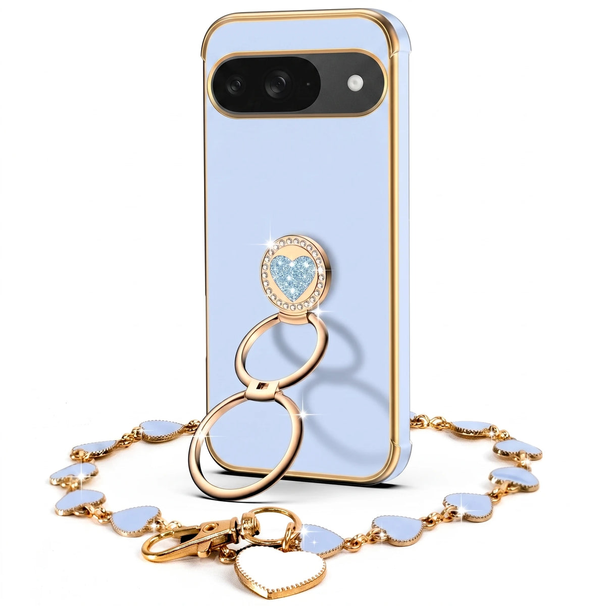 Classic Chrome coquette bling phone case for Pixel 9 with heart ring stand and wrist strap