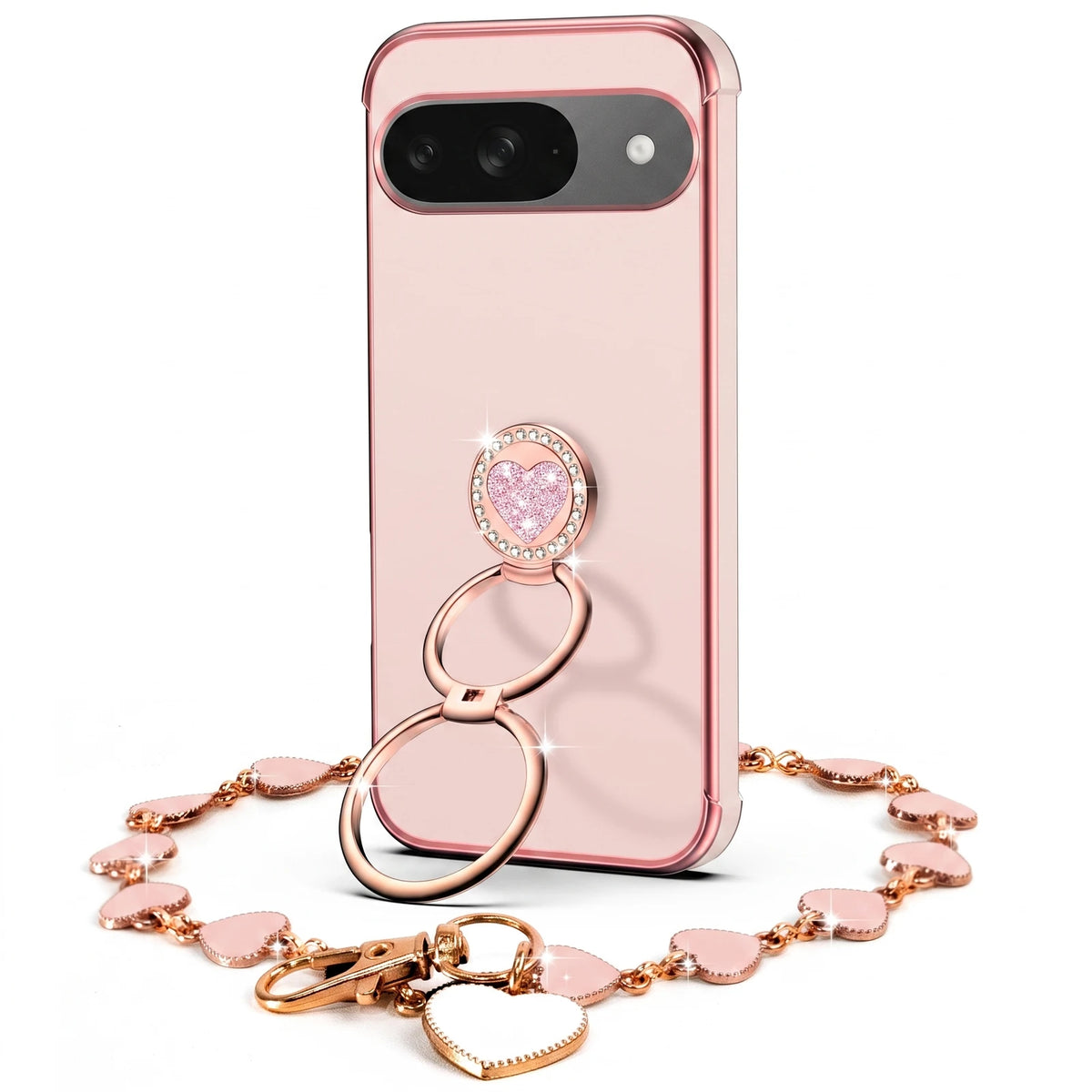 XYZ Classic Chrome Phone Case for Pixel 9 in Pink — glossy chrome finish with heart-shaped double ring stand