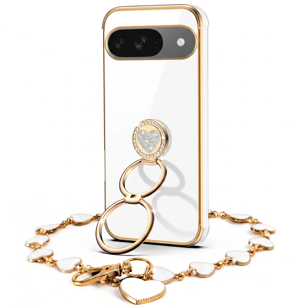 XYZ Classic Chrome Phone Case for Pixel 9 in White — glossy chrome finish with heart-shaped double ring stand