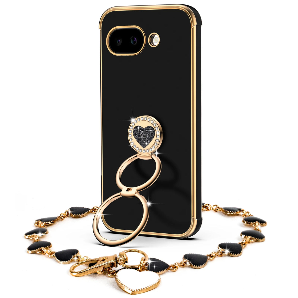 Classic Chrome coquette bling phone case for Pixel 9a with heart ring stand and wrist strap