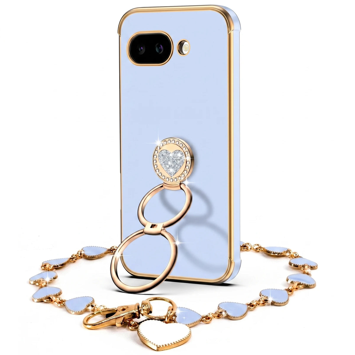 XYZ Classic Chrome Phone Case for Pixel 9a in Blue — glossy chrome finish with heart-shaped double ring stand