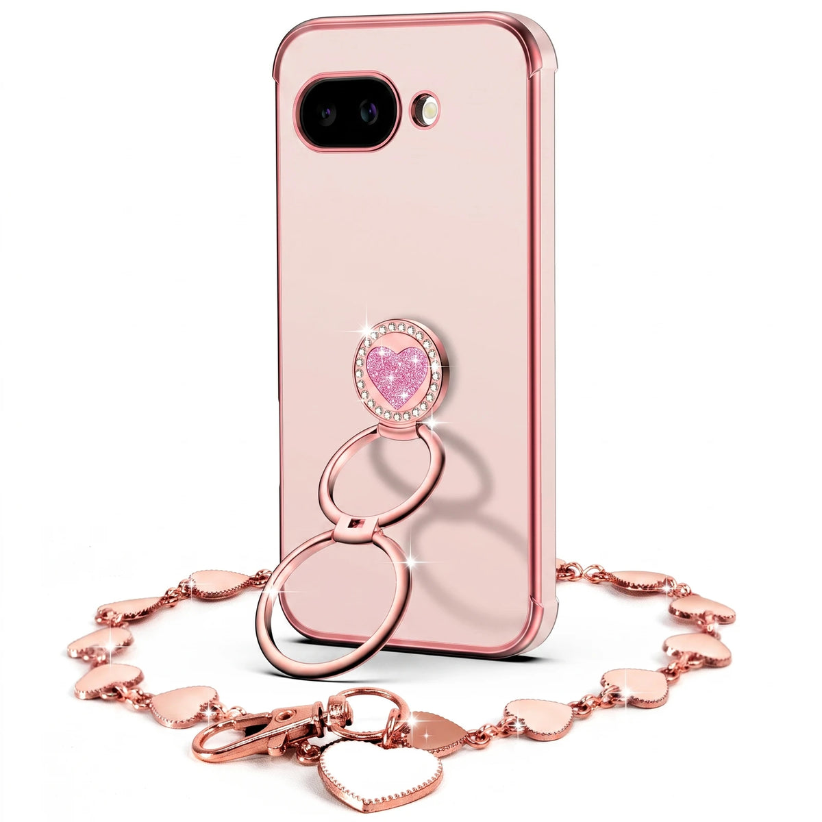 XYZ Classic Chrome Phone Case for Pixel 9a in Pink — glossy chrome finish with heart-shaped double ring stand