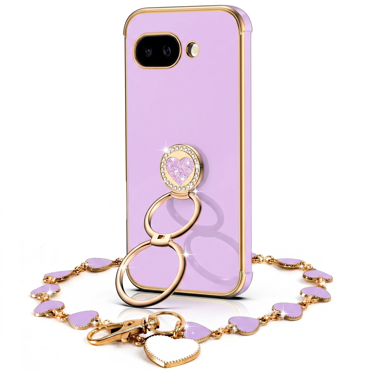XYZ Classic Chrome Phone Case for Pixel 9a in Purple — glossy chrome finish with heart-shaped double ring stand