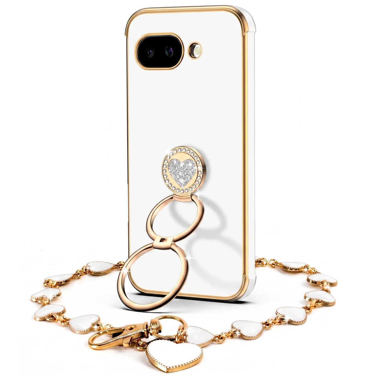 XYZ Classic Chrome Phone Case for Pixel 9a in White — glossy chrome finish with heart-shaped double ring stand