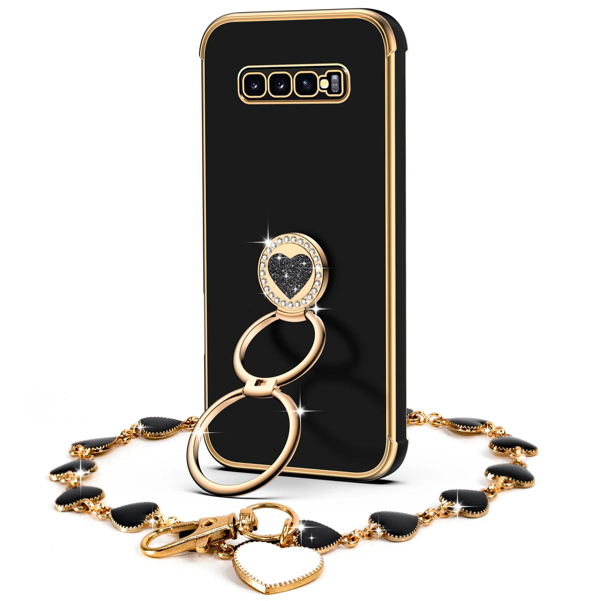 Classic Chrome coquette bling phone case for Galaxy S10 Plus with heart ring stand and wrist strap