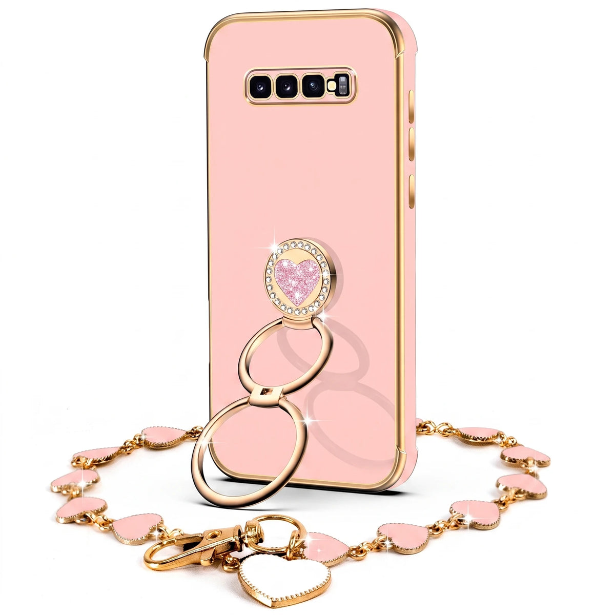 XYZ Classic Chrome Phone Case for Galaxy S10 Plus in Pink — glossy chrome finish with heart-shaped double ring stand