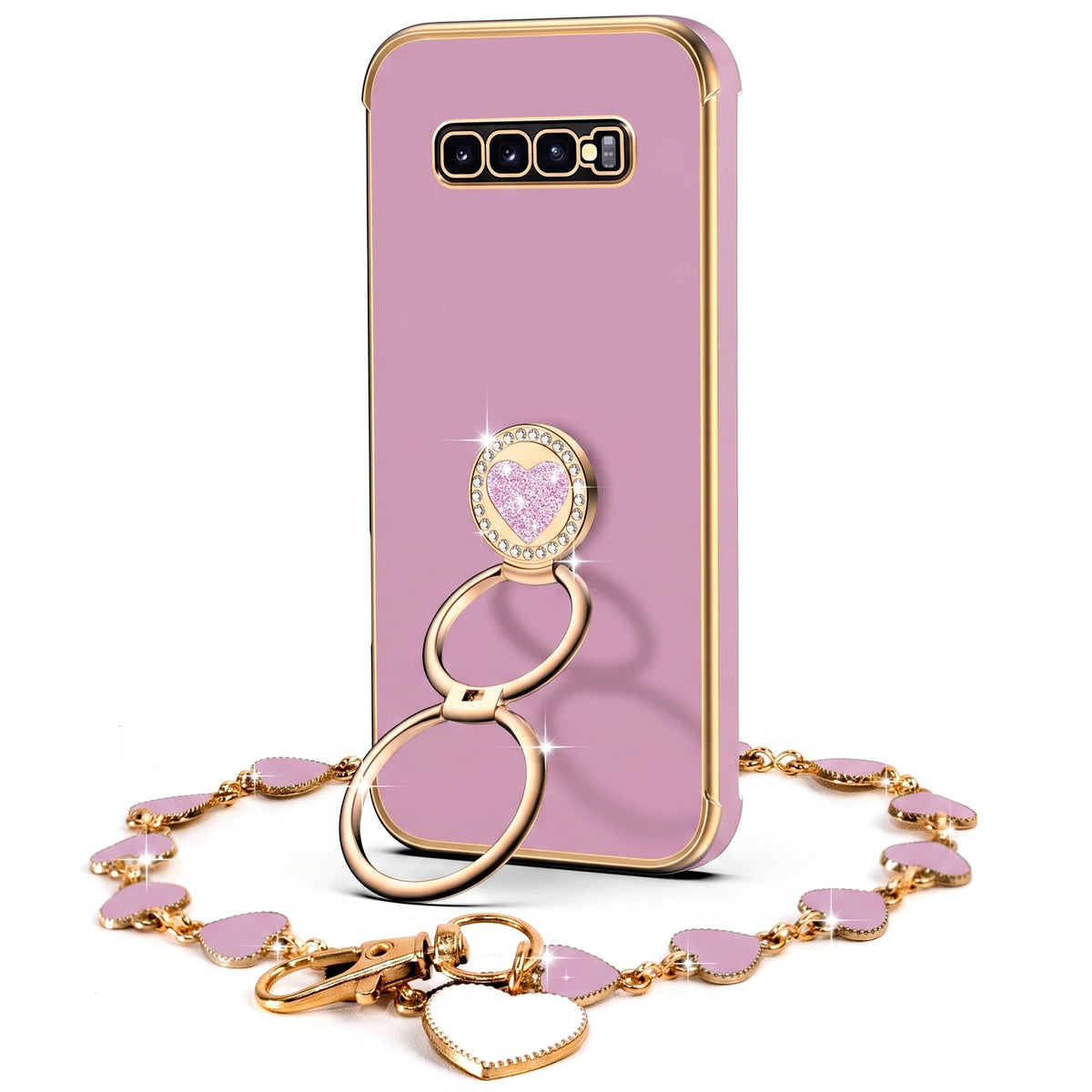XYZ Classic Chrome Phone Case for Galaxy S10 in Purple — glossy chrome finish with heart-shaped double ring stand