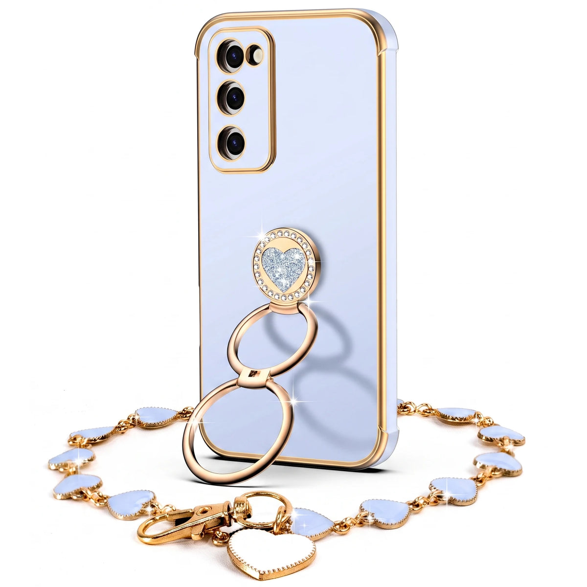 XYZ Classic Chrome Phone Case for Galaxy S20 FE in Blue — glossy chrome finish with heart-shaped double ring stand