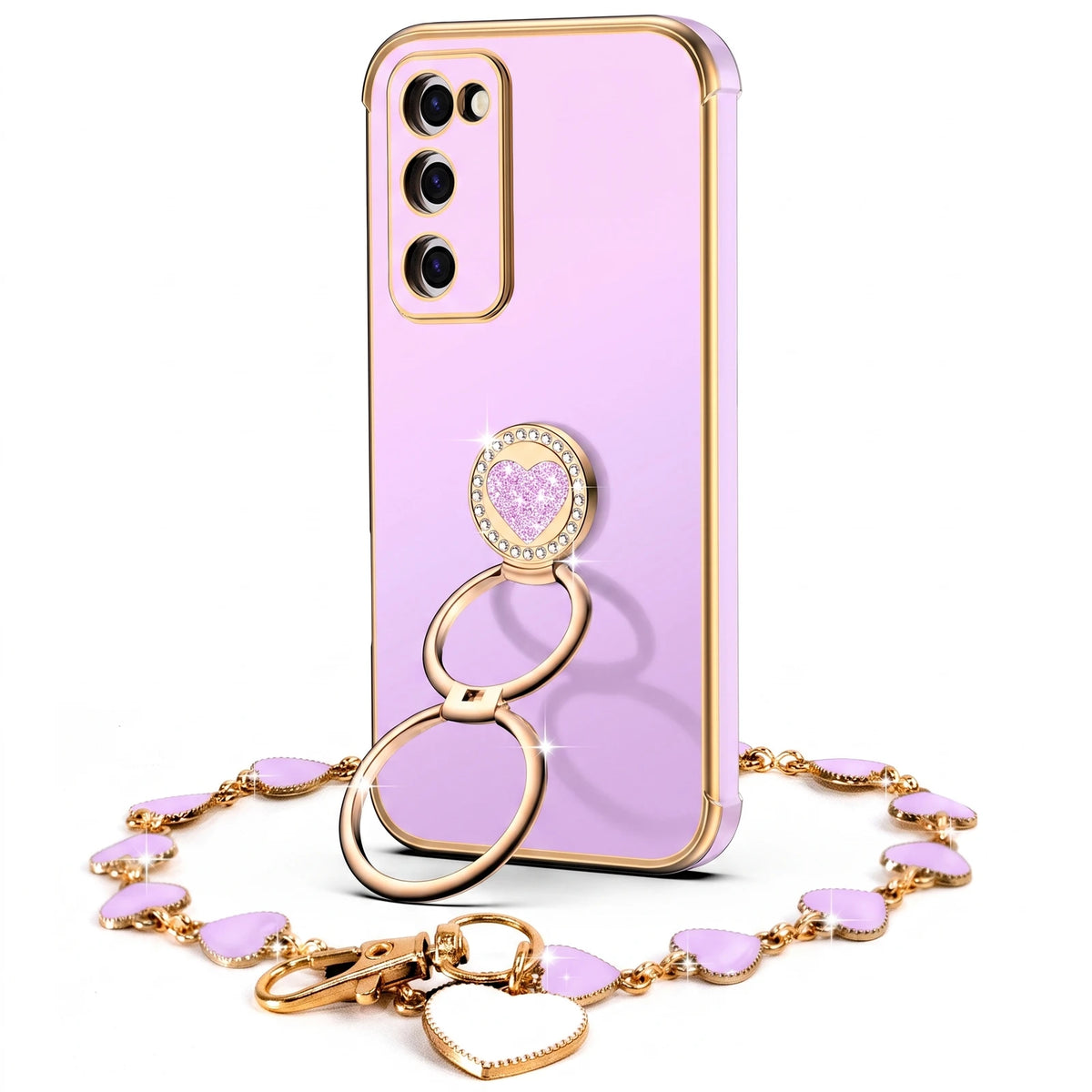 Classic Chrome coquette bling phone case for Galaxy S20 FE with heart ring stand and wrist strap