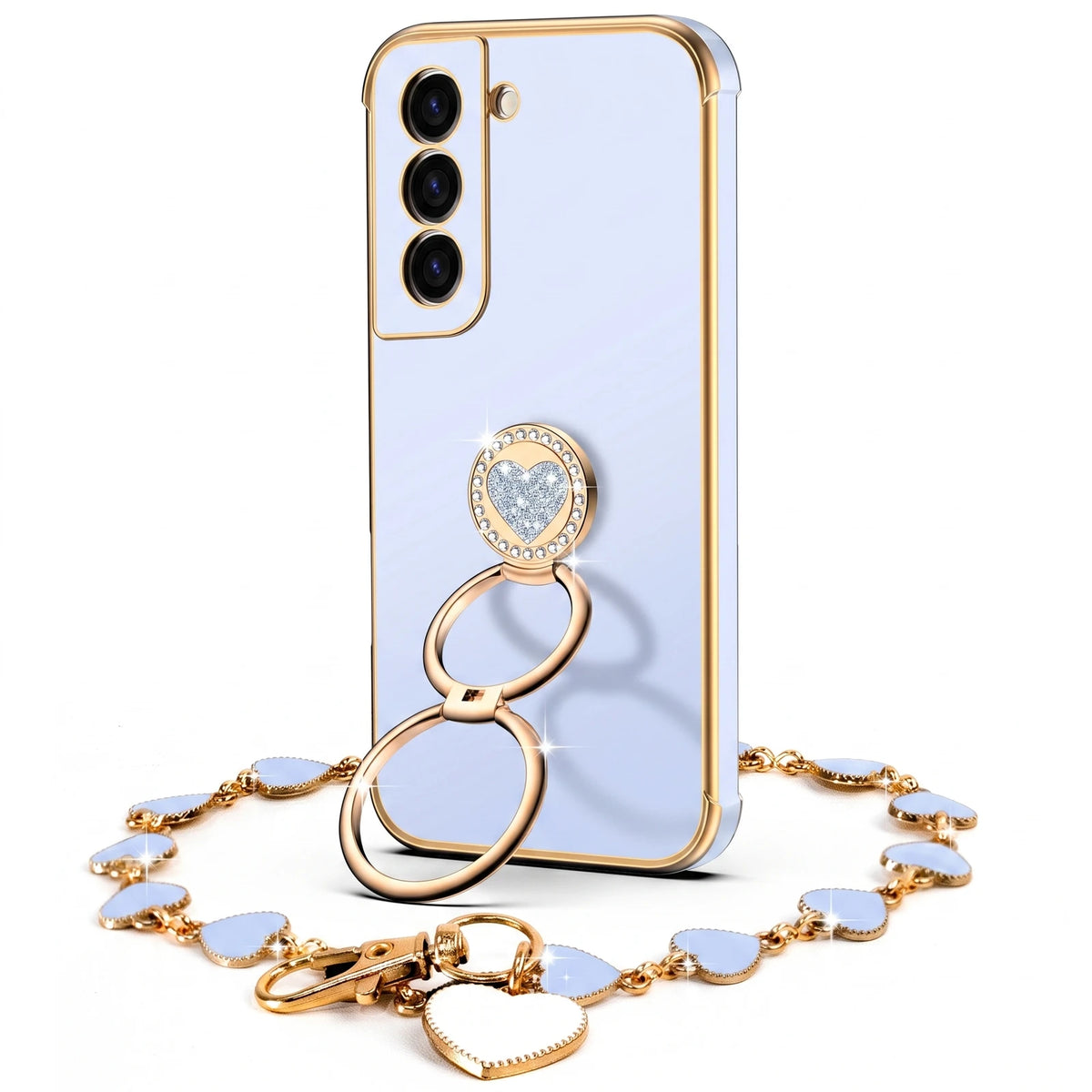 XYZ Classic Chrome Phone Case for Galaxy S21 Plus in Blue — glossy chrome finish with heart-shaped double ring stand