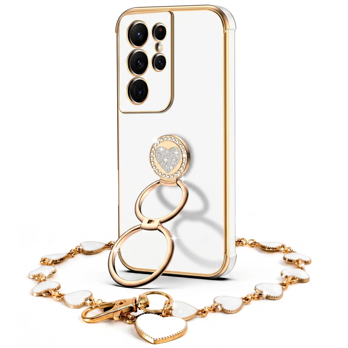 XYZ Classic Chrome Phone Case for Galaxy S21 Ultra in White — glossy chrome finish with heart-shaped double ring stand