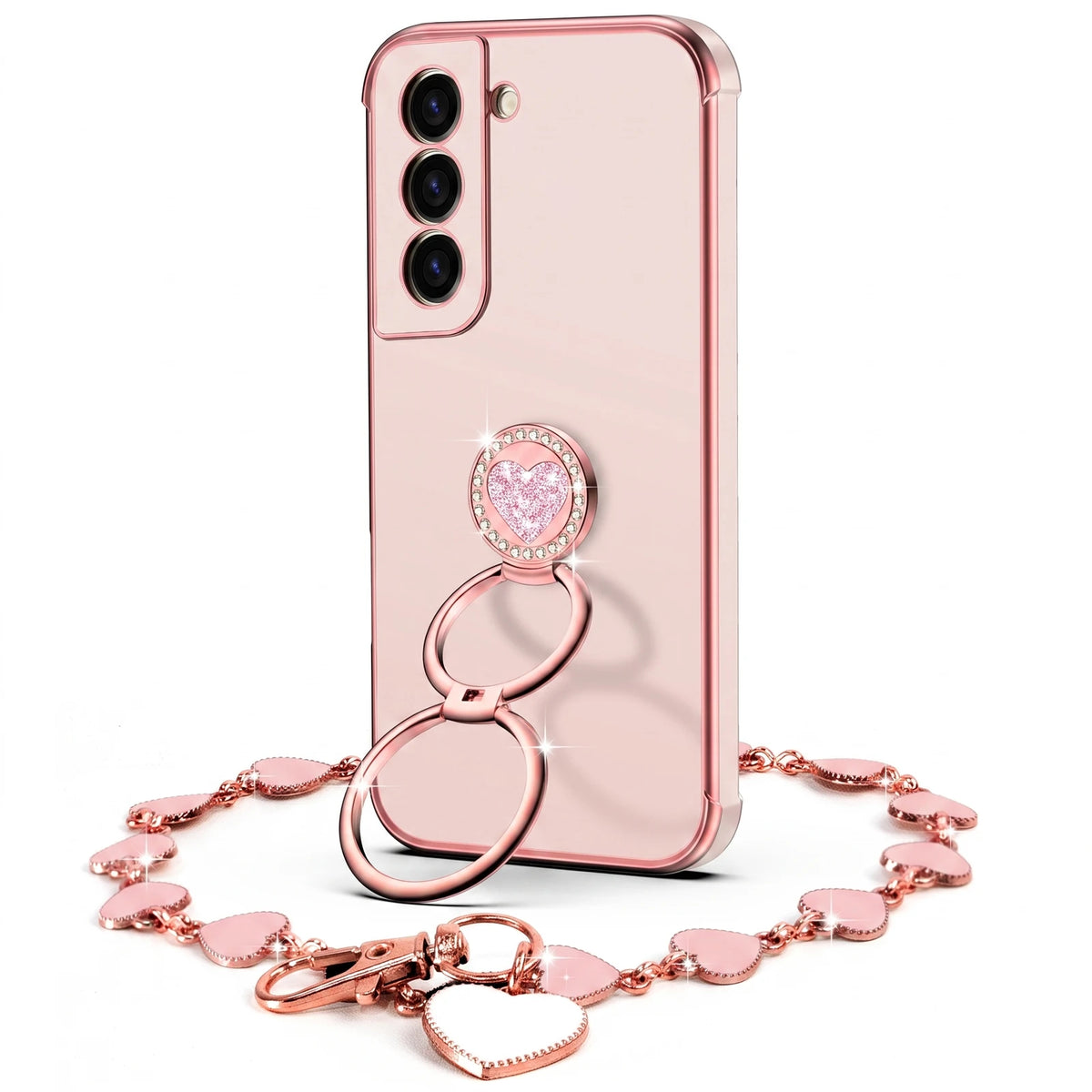 XYZ Classic Chrome Phone Case for Galaxy S22 Plus in Pink — glossy chrome finish with heart-shaped double ring stand