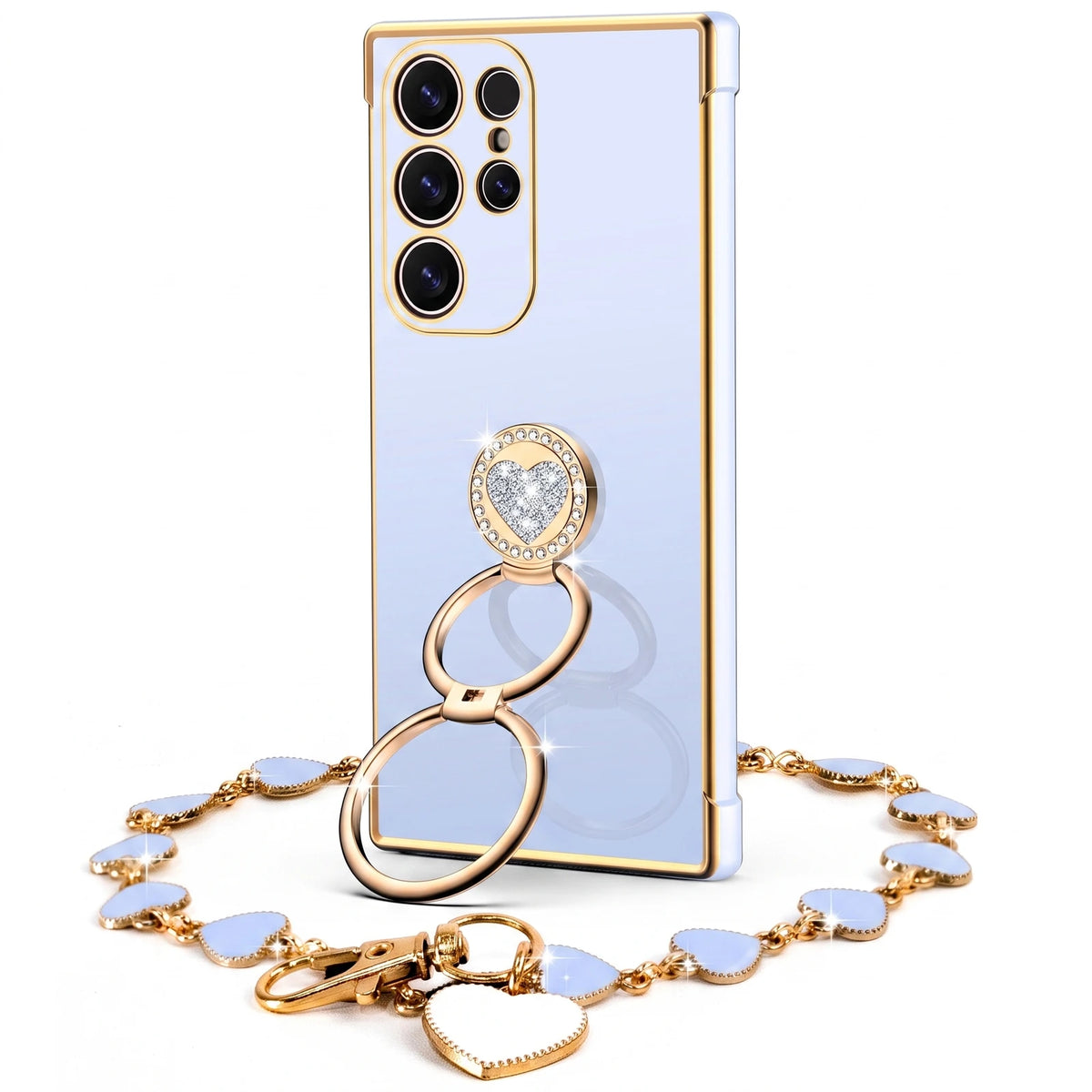 XYZ Classic Chrome Phone Case for Galaxy S22 Ultra in Blue — glossy chrome finish with heart-shaped double ring stand