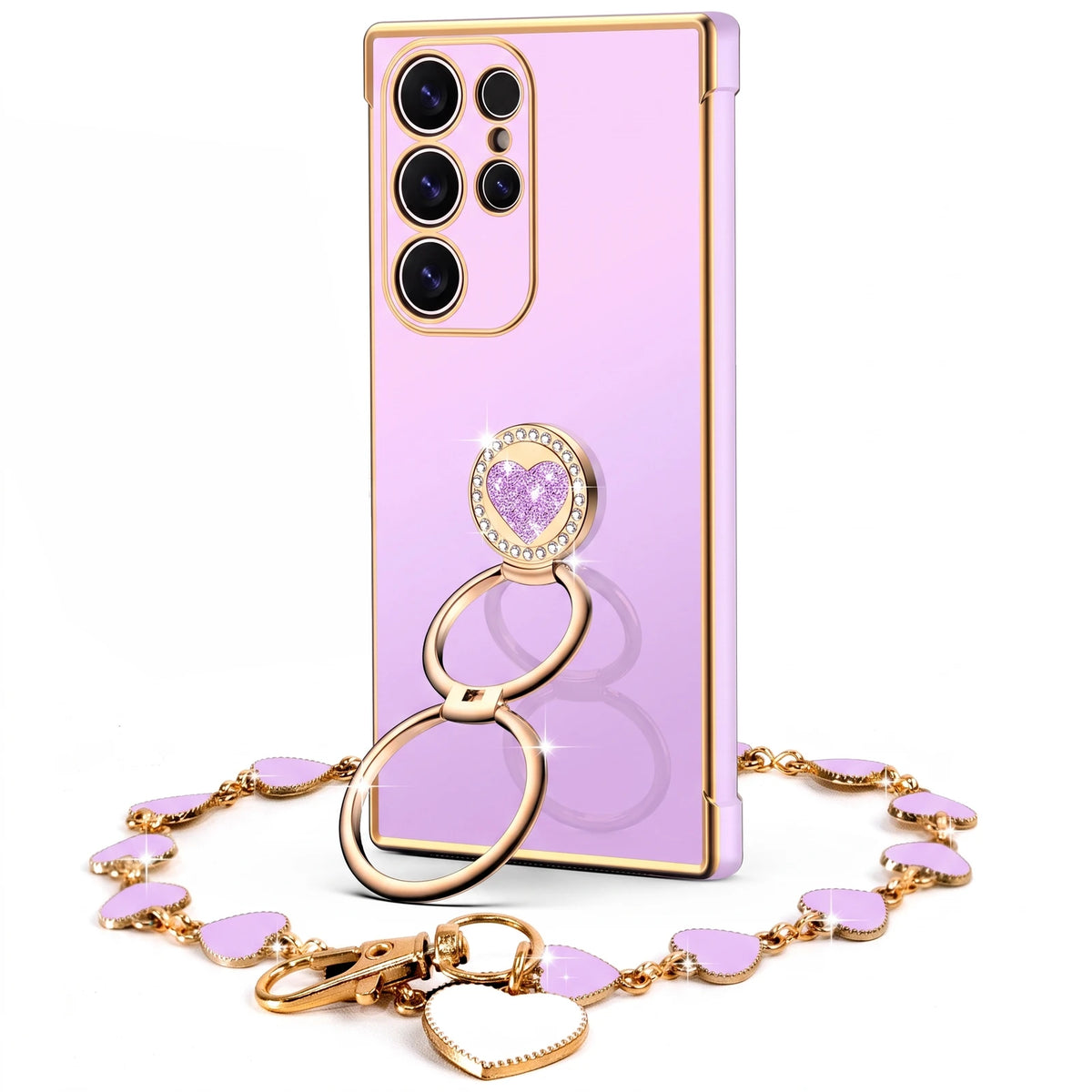XYZ Classic Chrome Phone Case for Galaxy S22 Ultra in Purple — glossy chrome finish with heart-shaped double ring stand