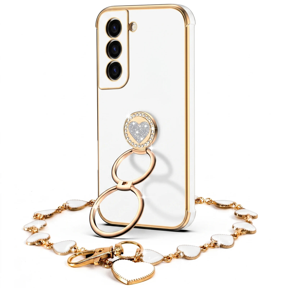 XYZ Classic Chrome Phone Case for Galaxy S22 in White — glossy chrome finish with heart-shaped double ring stand