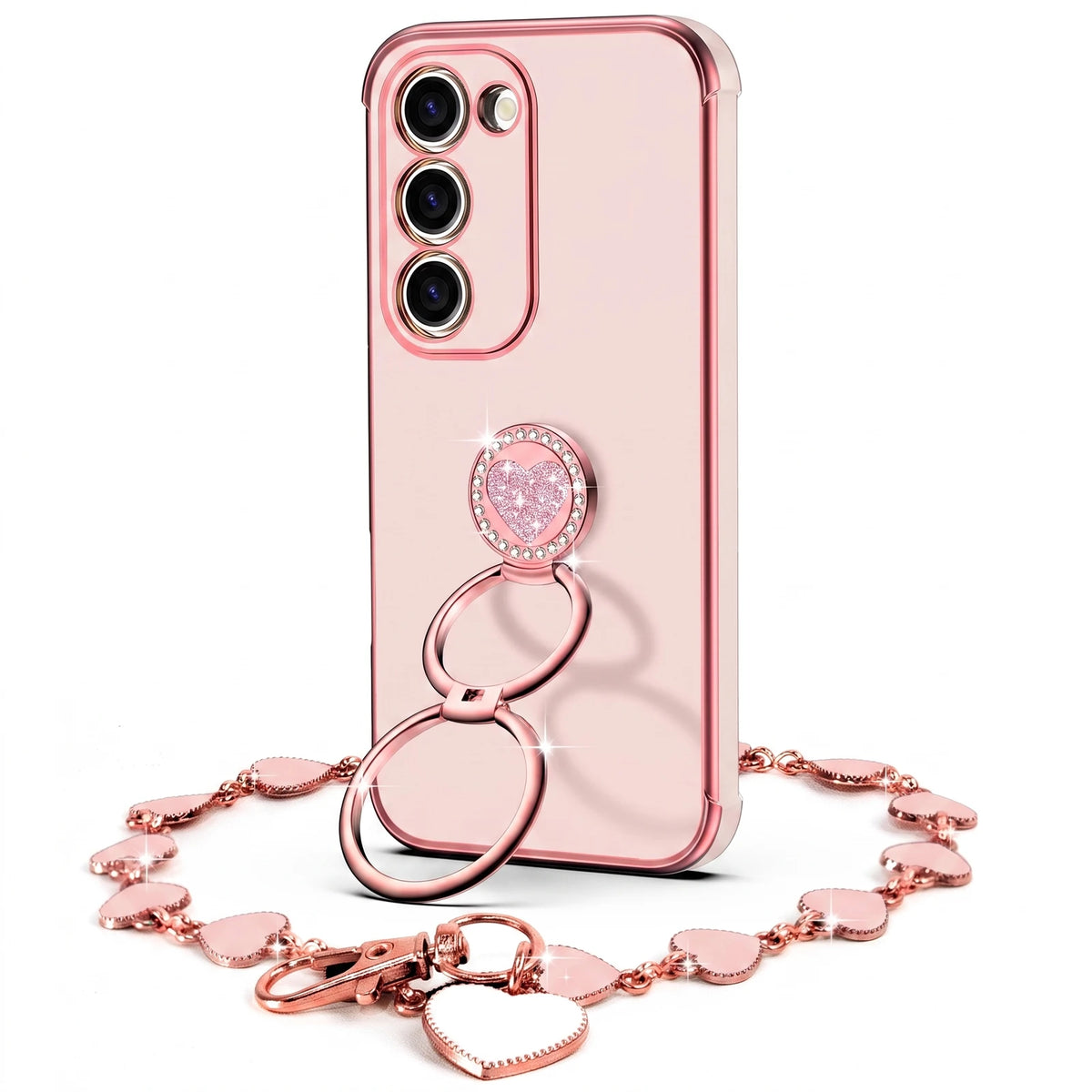 XYZ Classic Chrome Phone Case for Galaxy S23 Plus in Pink — glossy chrome finish with heart-shaped double ring stand