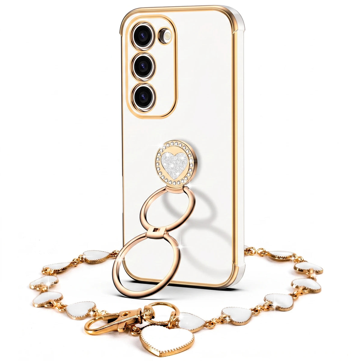 Classic Chrome coquette bling phone case for Galaxy S23 Plus with heart ring stand and wrist strap
