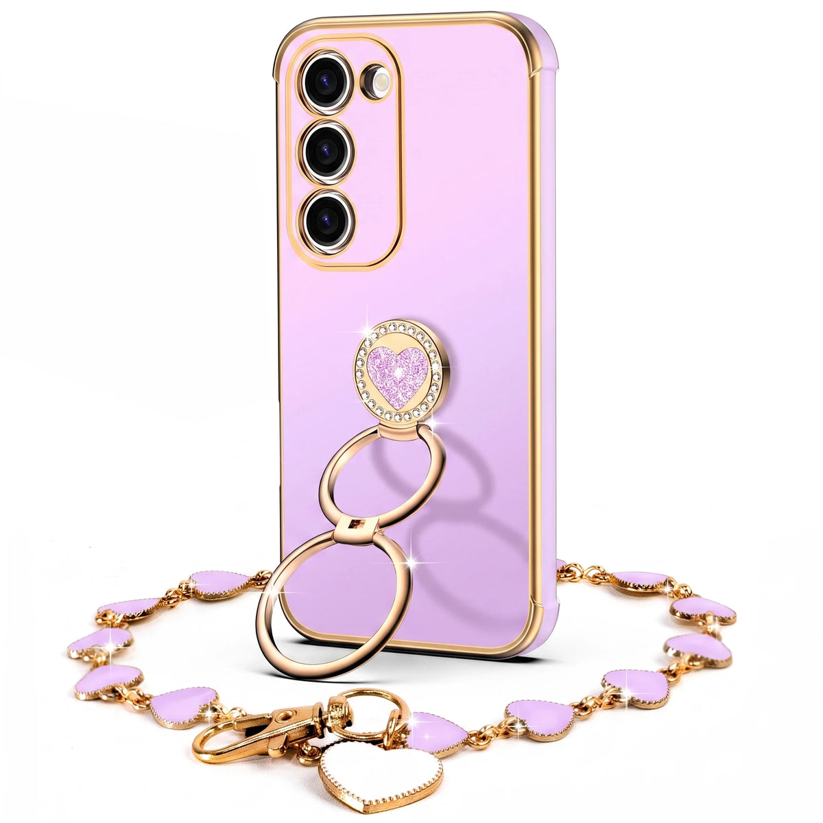 XYZ Classic Chrome Phone Case for Galaxy S23 in Purple — glossy chrome finish with heart-shaped double ring stand