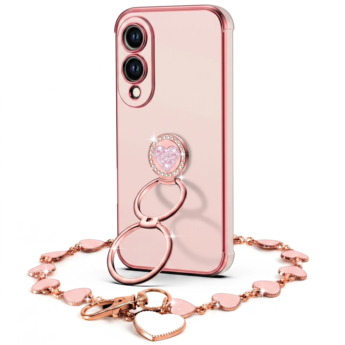XYZ Classic Chrome Phone Case for Galaxy S25 Edge in Pink — glossy chrome finish with heart-shaped double ring stand