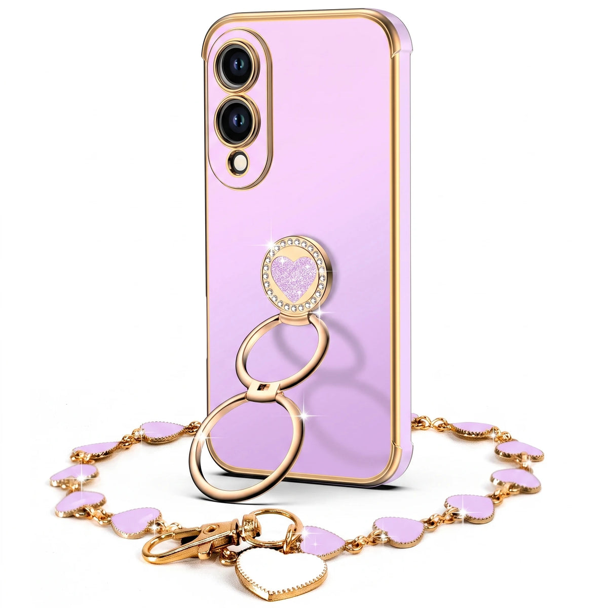 XYZ Classic Chrome Phone Case for Galaxy S25 Edge in Purple — glossy chrome finish with heart-shaped double ring stand