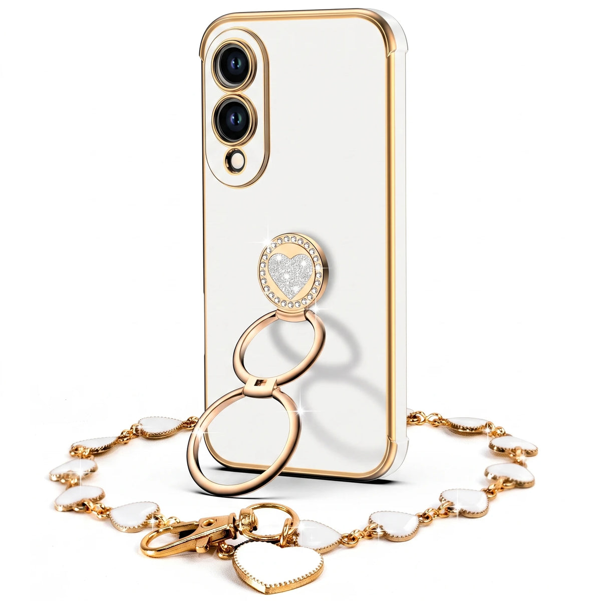 XYZ Classic Chrome Phone Case for Galaxy S25 Edge in White — glossy chrome finish with heart-shaped double ring stand