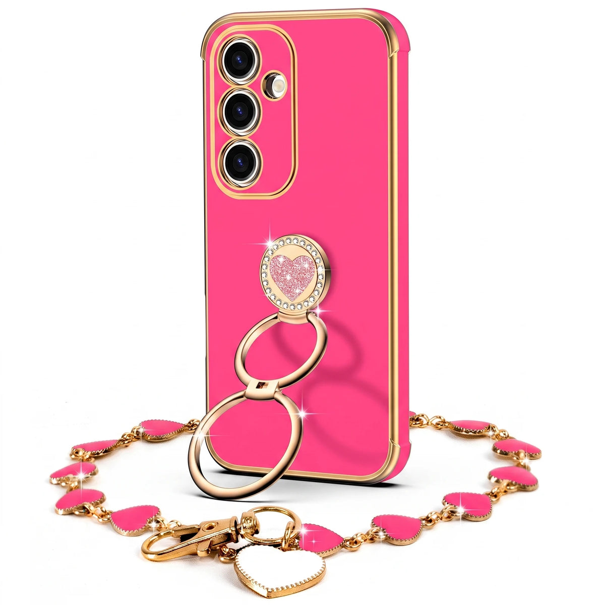 XYZ Classic Chrome Phone Case for Galaxy S25 Plus in Hot Pink — glossy chrome finish with heart-shaped double ring stand