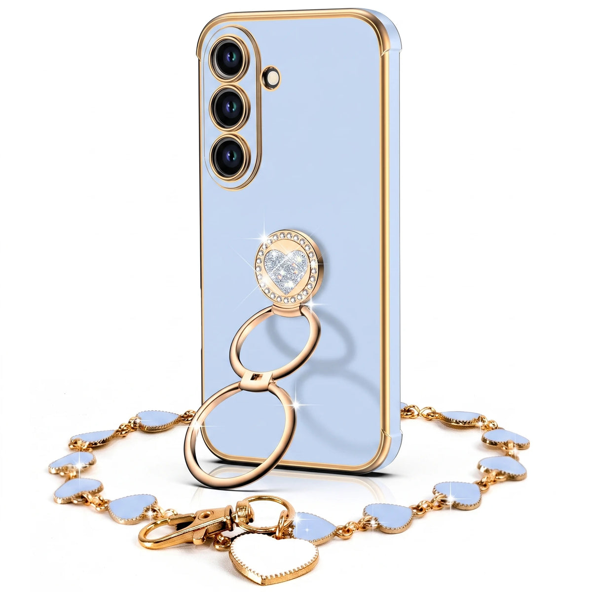XYZ Classic Chrome Phone Case for Galaxy S26 Plus in Blue — glossy chrome finish with heart-shaped double ring stand
