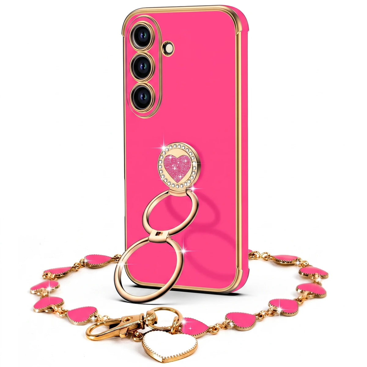 XYZ Classic Chrome Phone Case for Galaxy S26 Plus in Hot Pink — glossy chrome finish with heart-shaped double ring stand
