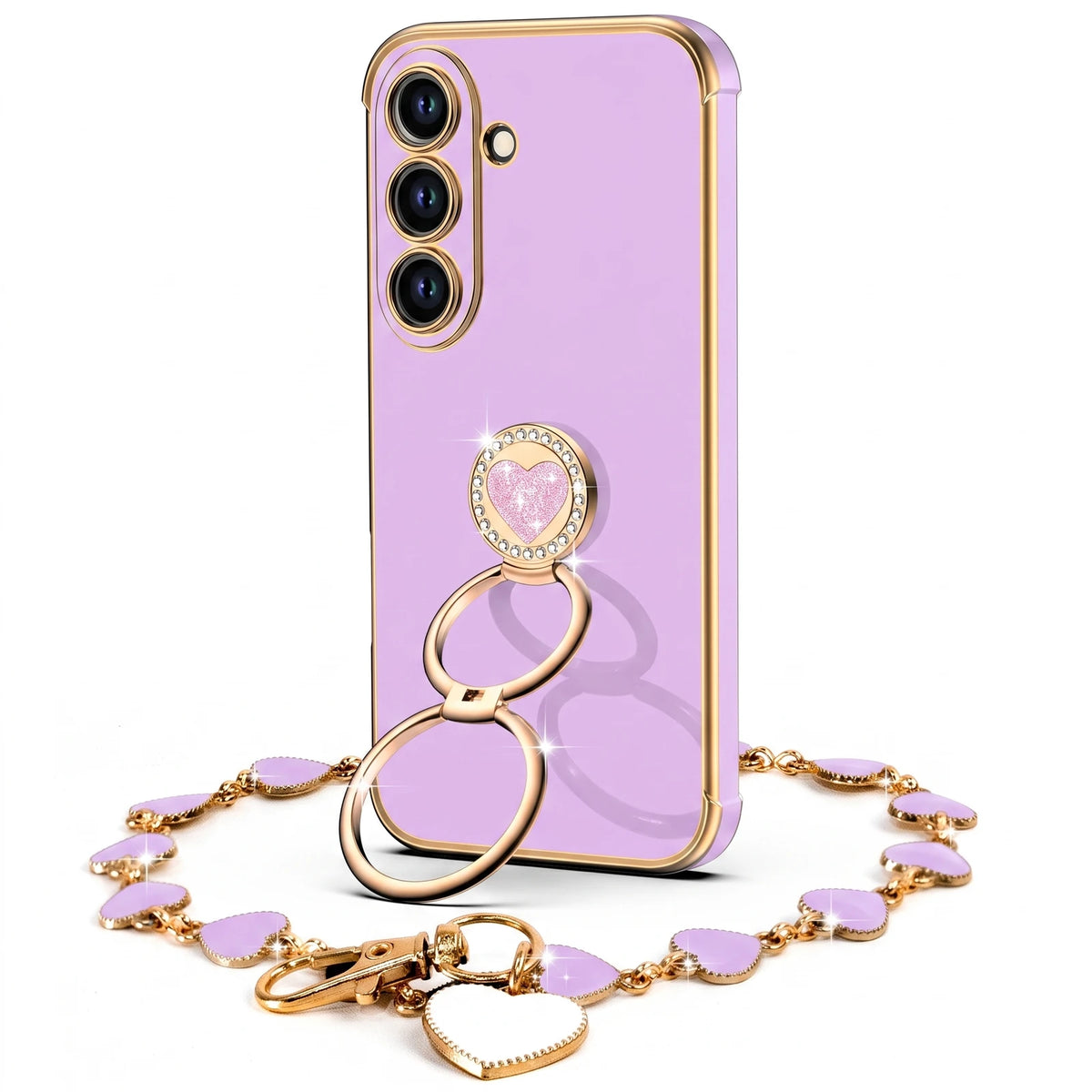 XYZ Classic Chrome Phone Case for Galaxy S26 Plus in Purple — glossy chrome finish with heart-shaped double ring stand