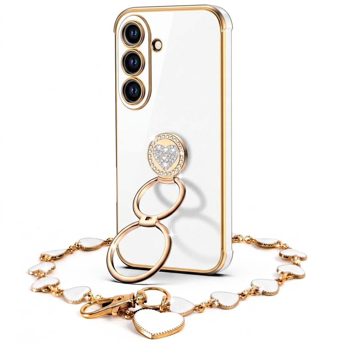 Classic Chrome coquette bling phone case for Galaxy S26 Plus with heart ring stand and wrist strap