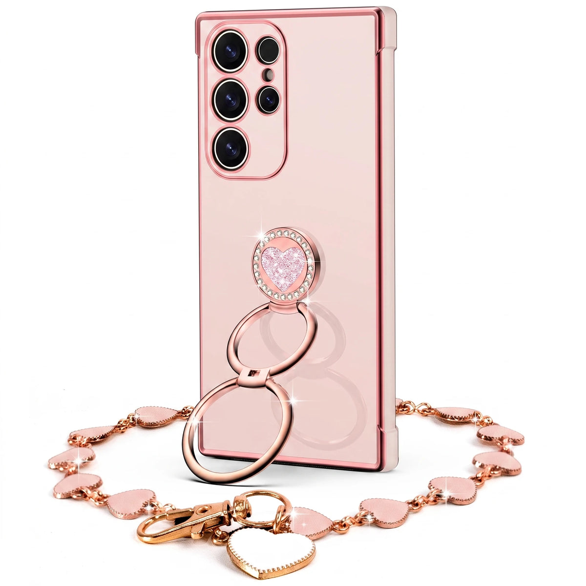 Classic Chrome coquette bling phone case for Galaxy S26 Ultra with heart ring stand and wrist strap