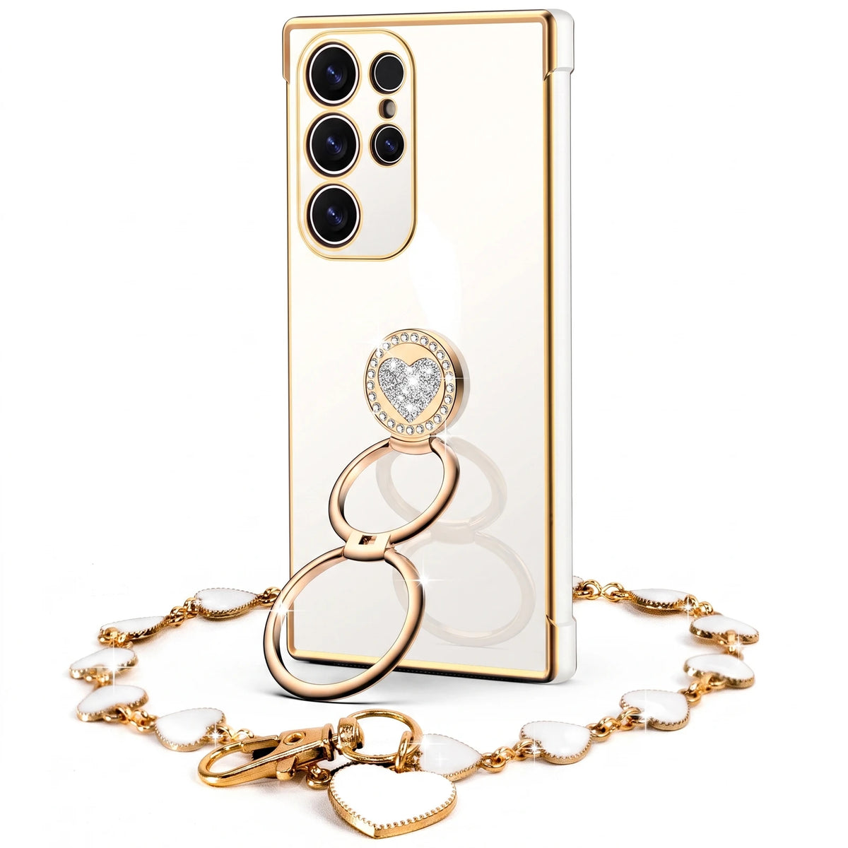 XYZ Classic Chrome Phone Case for Galaxy S26 Ultra in White — glossy chrome finish with heart-shaped double ring stand
