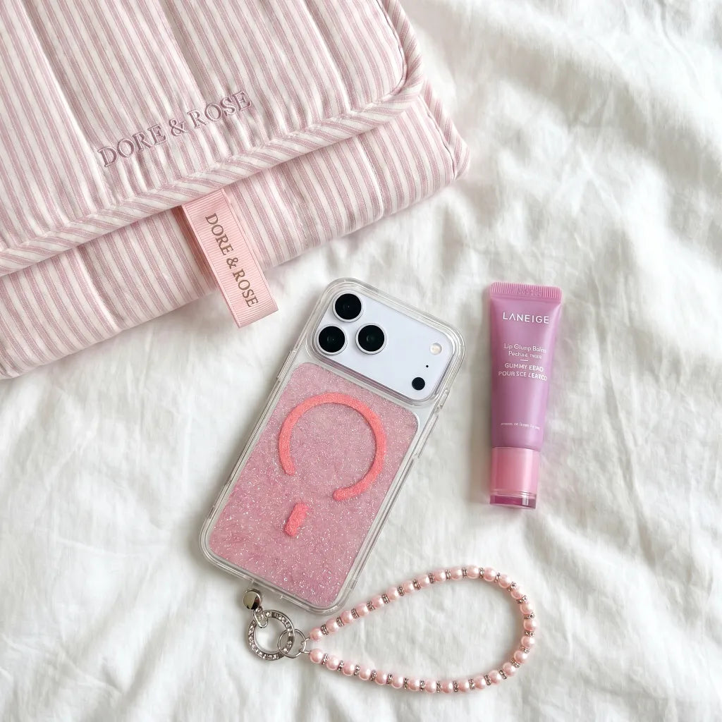 XYZ Cosmic Pearls Phone Case for iPhone 17 Pro in Pink — pearlescent glitter finish with MagSafe compatibility all-groups