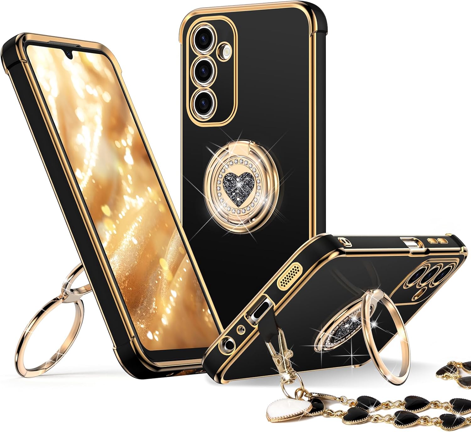 XYZ Classic Chrome Phone Case for Samsung Galaxy A17 in Black — heart-shaped double ring stand and glossy chrome design
