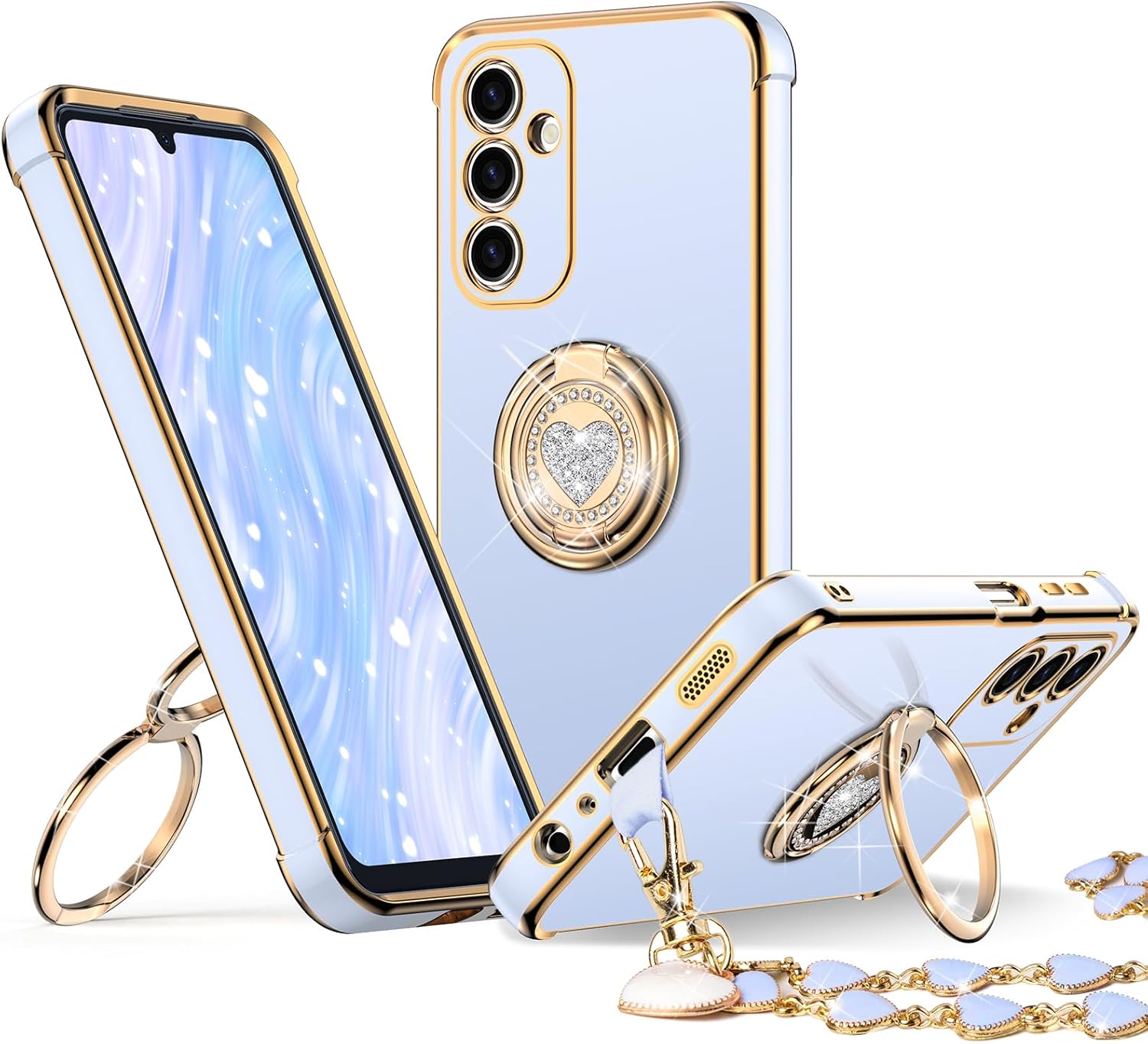 XYZ Classic Chrome Phone Case for Samsung Galaxy A17 in Blue — heart-shaped double ring stand and glossy chrome design
